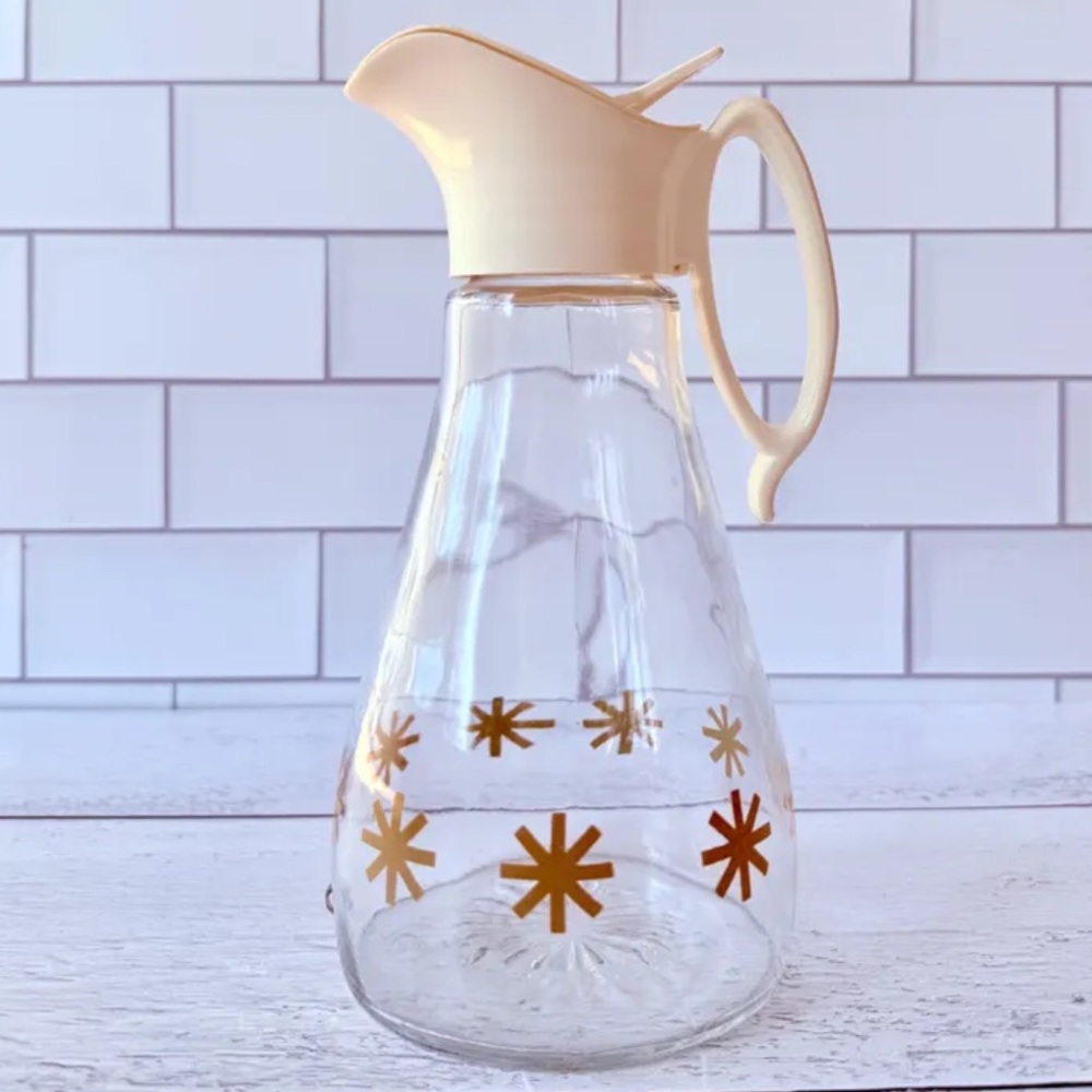 Vintage Mid-Century Modern Log Cabin Glass Syrup Dispenser Atomic Gold Stars